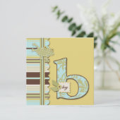 カエルとプリントのベビーストライプシャワー付きモノグラム 招待状 (スタンド正面)