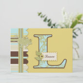 カエルとプリントのベビーストライプシャワー付きモノグラム 招待状 (スタンド正面)