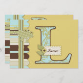 カエルとプリントのベビーストライプシャワー付きモノグラム 招待状 (正面/裏面)