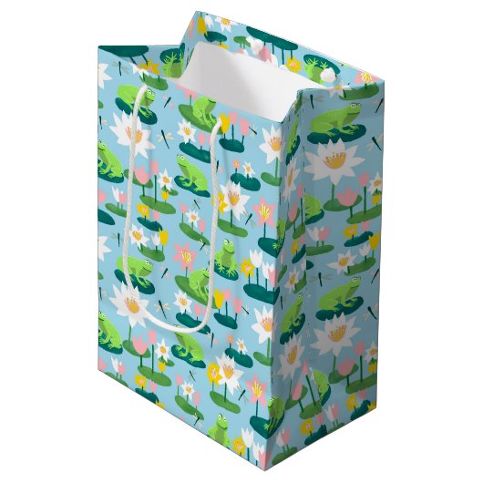 カエルとリリーパッドかわいい赤ちゃんシャワー誕生日子供 ミディアムペーパーバッグ (正面アングル)