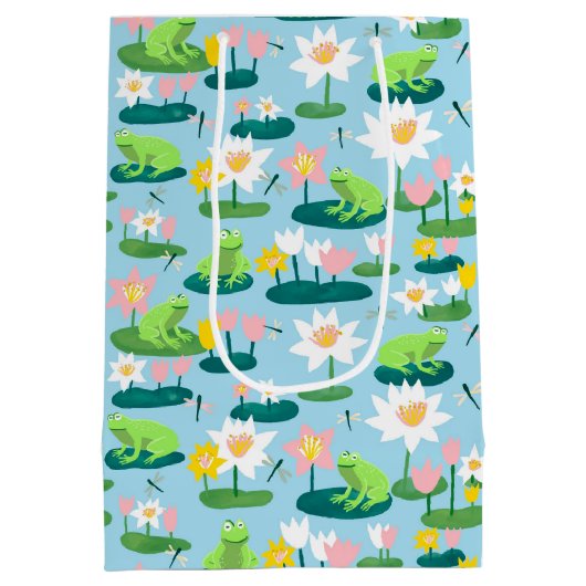 カエルとリリーパッドかわいい赤ちゃんシャワー誕生日子供 ミディアムペーパーバッグ (裏面)