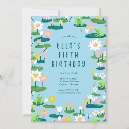 カエルとリリーパッドカワイイカスタムー誕生日パーティー 招待状 (正面)