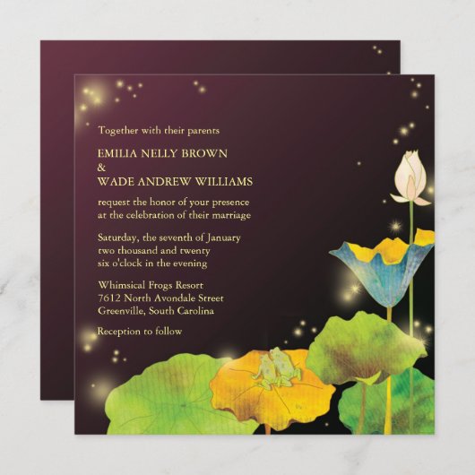 カエルのカップルとホタルお洒落の結婚数 招待状 (正面/裏面)