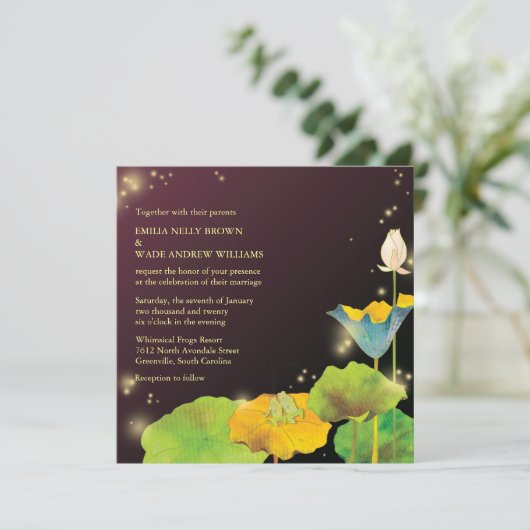 カエルのカップルとホタルお洒落の結婚数 招待状 (スタンド正面)