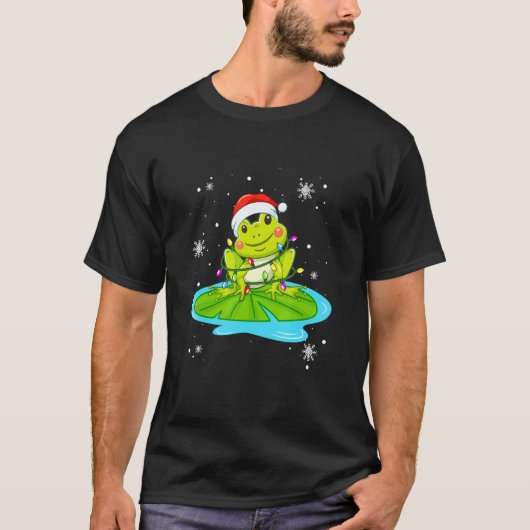 カエルのクリスマスライトがサンタハットクリスマスをリード Tシャツ (正面)