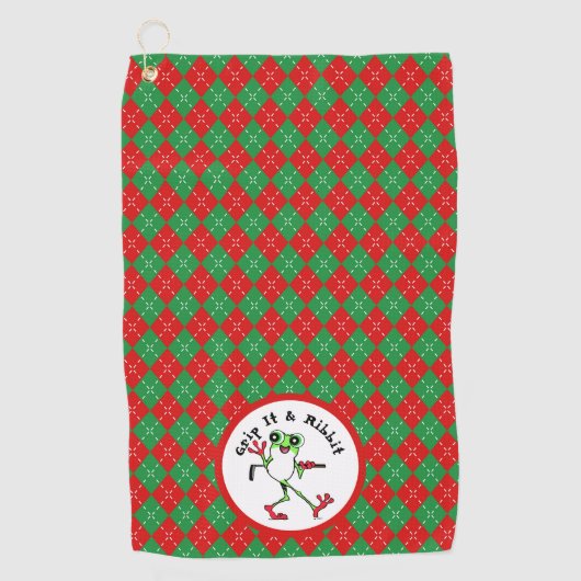 カエルのゴルフのグリップそれをリビットレッドグリーンアーガイル ゴルフタオル (正面)