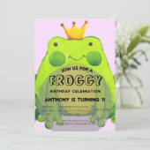 カエルのテーマの1歳の誕生日パーティー キッズ 招待状 (スタンド正面)