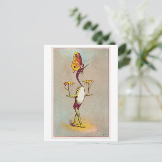 カエルのバランスの花と蝶のヴィンテージ ポストカード (スタンド正面)