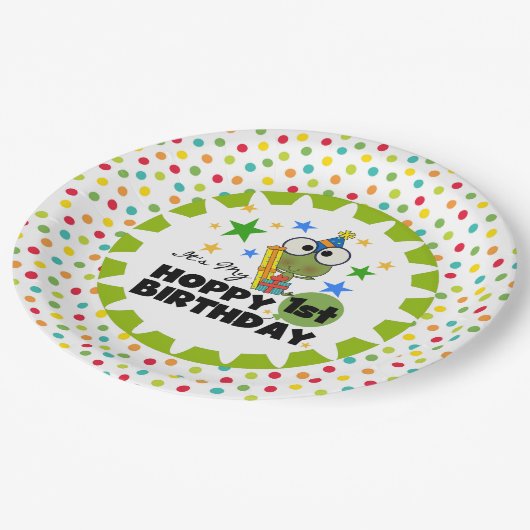 カエルのホップの豊富な第1誕生日の紙皿 ペーパープレート (アングル)