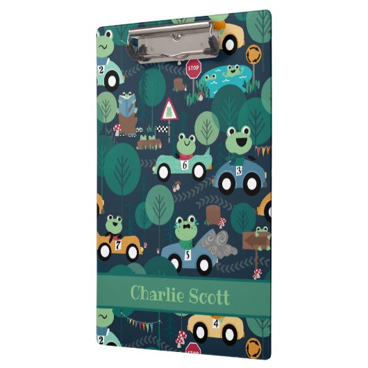 カエルのレースカーが子どもたちを駆パーソナライズされた動 クリップボード (左)