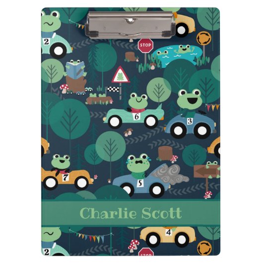カエルのレースカーが子どもたちを駆パーソナライズされた動 クリップボード (正面)