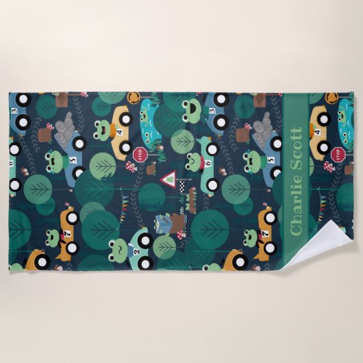 カエルのレースカーが子どもたちを駆パーソナライズされた動 ビーチタオル (正面)