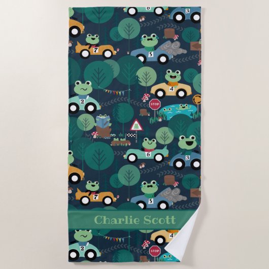 カエルのレースカーが子どもたちを駆パーソナライズされた動 ビーチタオル (正面)