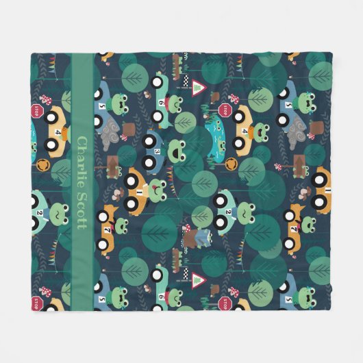 カエルのレースカーが子どもたちを駆パーソナライズされた動 フリースブランケット (正面(横))