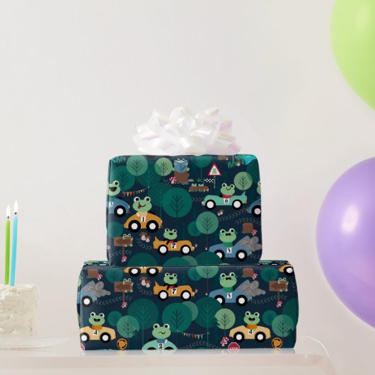 カエルのレースカーが子どもたちを駆パーソナライズされた動 ラッピングペーパー (パーティーギフト)