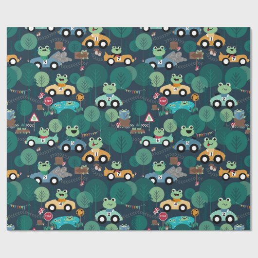 カエルのレースカーが子どもたちを駆パーソナライズされた動 ラッピングペーパー (フラット)