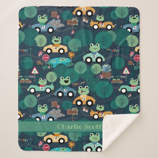 カエルのレースカーの運転手キッズパーソナライズされた シェルパブランケット (正面)