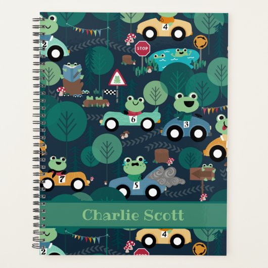 カエルのレースカーの運転手キッズパーソナライズされた プランナー手帳 (正面)