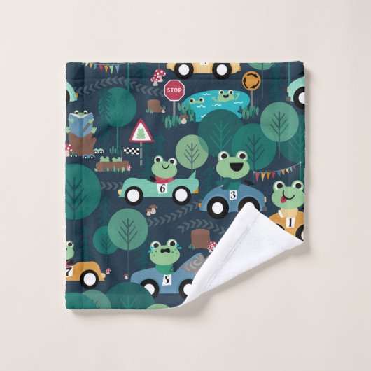 カエルのレースカードライバーが子どもたちの愛らしい動物 バスタオルセット (ウォッシュタオル)