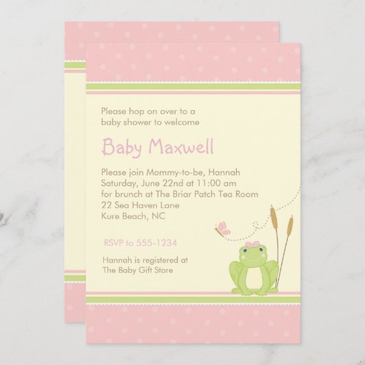 カエルの女の赤ちゃんのシャワーの招待状-ピンクおよび緑 招待状 (正面/裏面)
