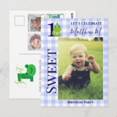 カエルの日付入りパーティー招待状1歳の誕生日 ポストカード (正面/裏面)