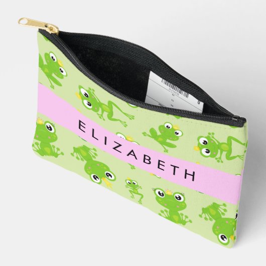 カエルの柄、グリーンカエル、カエルの王子、お名前 アクセサリーポーチ (見開き)