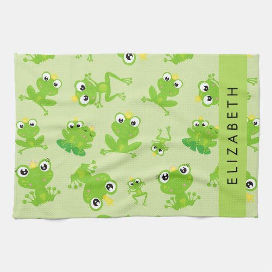 カエルの柄、グリーンカエル、カエルの王子、お名前 キッチンタオル (横)