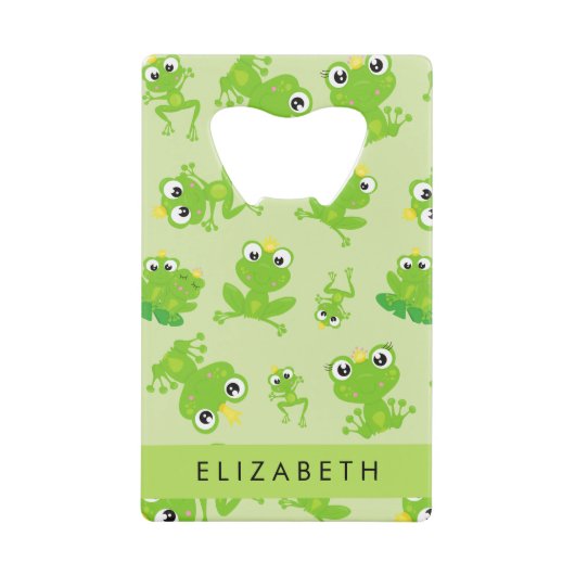 カエルの柄、グリーンカエル、カエルの王子、お名前 クレジットカード栓抜き (正面)