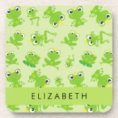 カエルの柄、グリーンカエル、カエルの王子、お名前 コースター (正面)