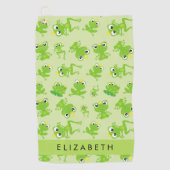 カエルの柄、グリーンカエル、カエルの王子、お名前 ゴルフタオル (正面)