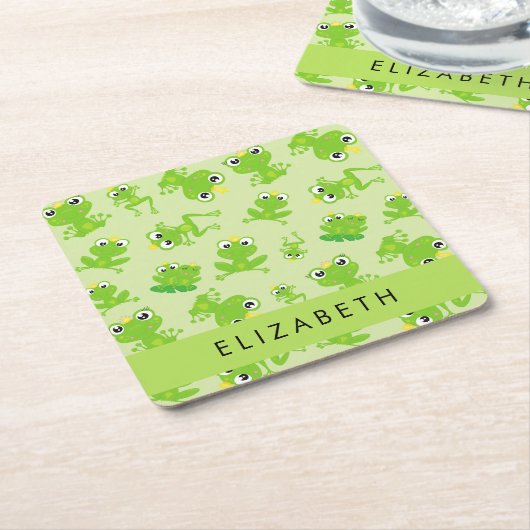 カエルの柄、グリーンカエル、カエルの王子、お名前 スクエアペーパーコースター (アングル)