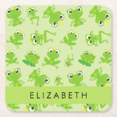 カエルの柄、グリーンカエル、カエルの王子、お名前 スクエアペーパーコースター (正面)