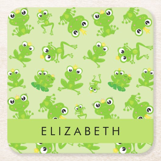 カエルの柄、グリーンカエル、カエルの王子、お名前 スクエアペーパーコースター (正面)