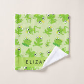 カエルの柄、グリーンカエル、カエルの王子、お名前 バスタオルセット (ウォッシュタオル)