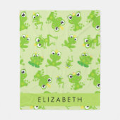 カエルの柄、グリーンカエル、カエルの王子、お名前 フリースブランケット (正面)