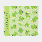 カエルの柄、グリーンカエル、カエルの王子、お名前 フリースブランケット (正面(横))