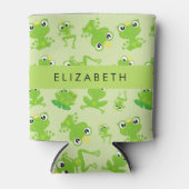 カエルの柄、グリーンカエル、カエルの王子、お名前 缶クーラー (正面)