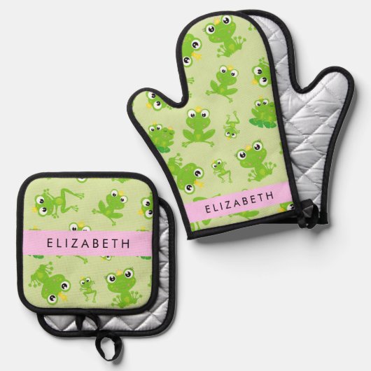 カエルの柄、グリーンカエル、カエルの王子、お名前 鍋つかみ&鍋敷きセット (正面/裏面)