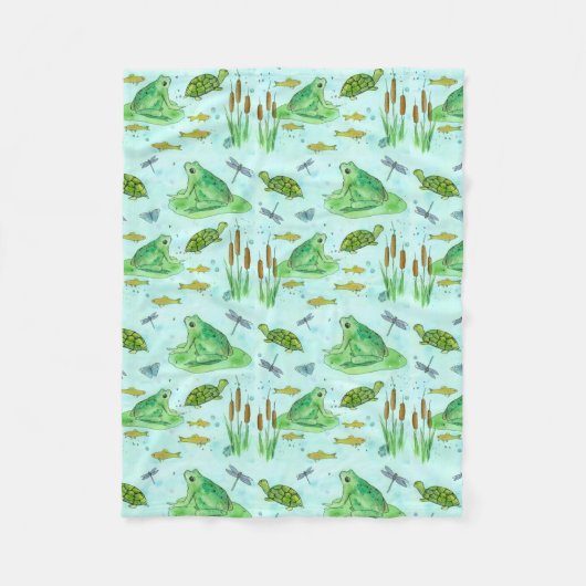 カエルの池の魚の水彩画 フリースブランケット (正面)