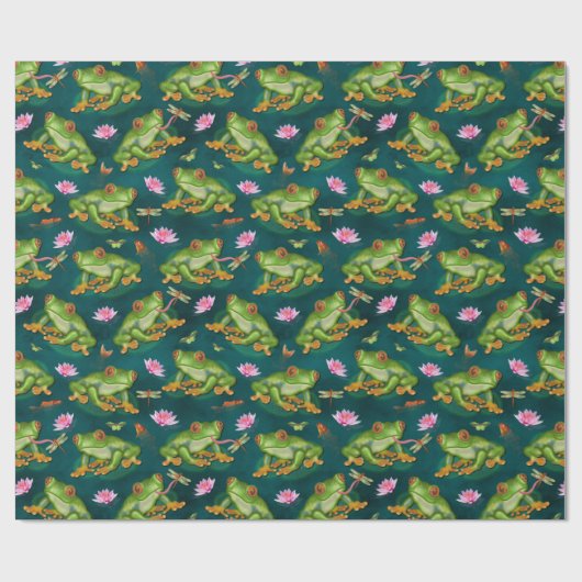 カエルの熱帯スイレンの浮いている葉のトンボの魚のいる池パターン ラッピングペーパー (フラット)