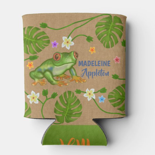 カエルの熱帯葉の花 |名パーソナライズされた前 缶クーラー (裏面)