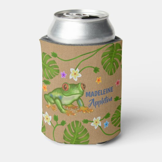 カエルの熱帯葉の花 |名パーソナライズされた前 缶クーラー (缶裏面)