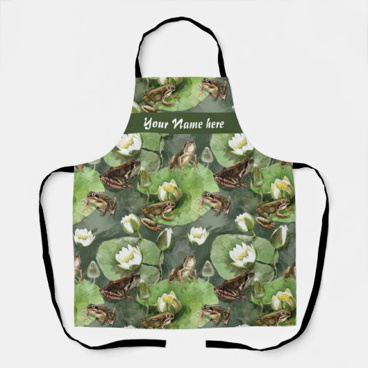 カエルの緑と白の睡蓮のパターン エプロン (正面)