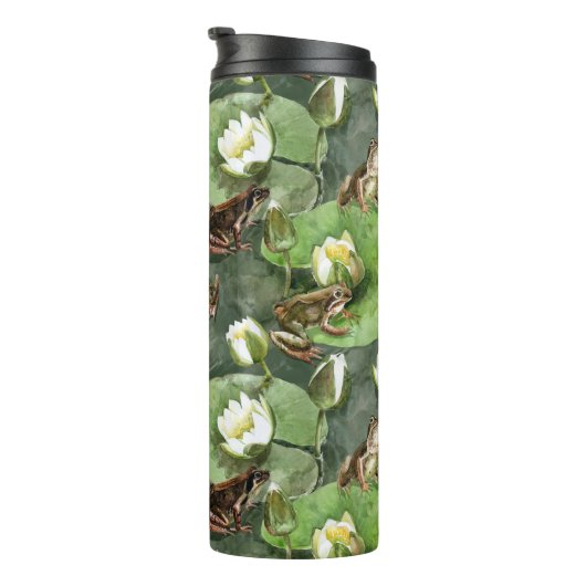 カエルの緑と白の睡蓮のパターン タンブラー (回転右)