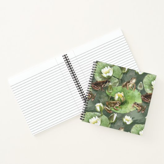 カエルの緑と白の睡蓮のパターン ノートブック (内部)