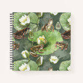 カエルの緑と白の睡蓮のパターン ノートブック (正面)