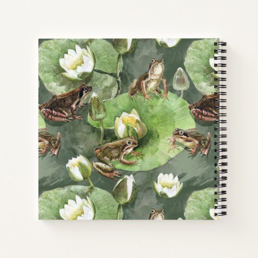 カエルの緑と白の睡蓮のパターン ノートブック (裏面)