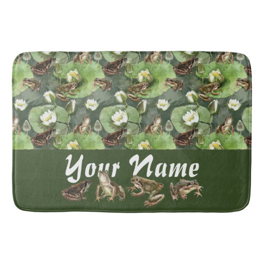 カエルの緑と白の睡蓮のパターン バスマット (正面)