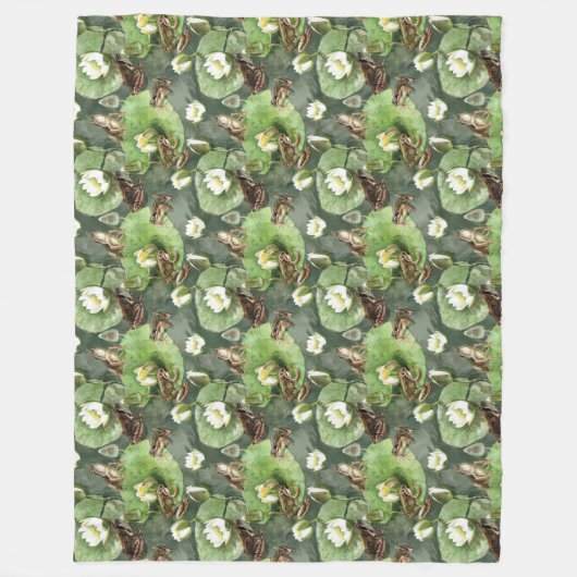 カエルの緑と白の睡蓮のパターン フリースブランケット (正面)