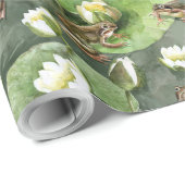 カエルの緑と白の睡蓮のパターン ラッピングペーパー (ロールコーナー)